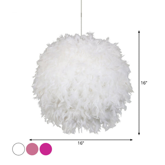 Modern Feather 1 Head Sphere Drop Pendant Ceiling Light (12"/14"/16" Width) - White/Pink/Rose Red