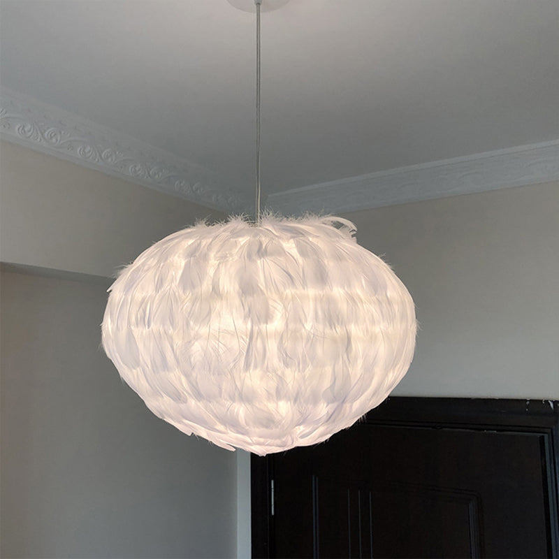 Feathered Globe Dining Room Pendant Lamp With 1 Bulb In Grey/White/Pink White