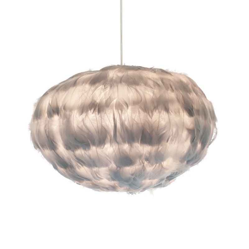 Feathered Globe Dining Room Pendant Lamp With 1 Bulb In Grey/White/Pink
