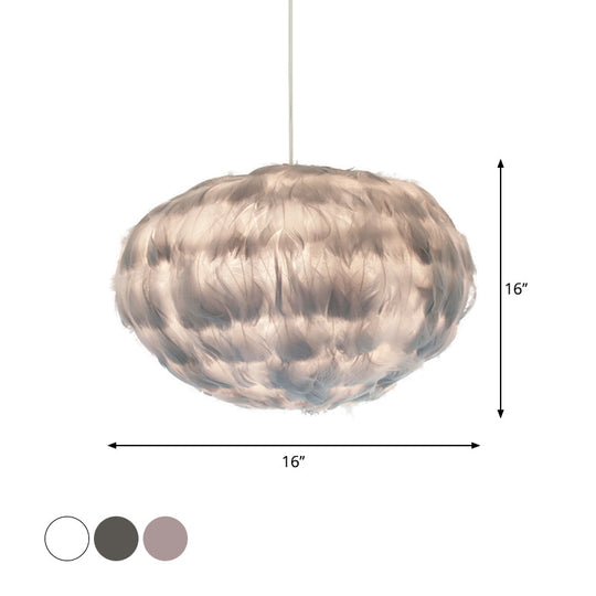 Feathered Globe Dining Room Pendant Lamp With 1 Bulb In Grey/White/Pink
