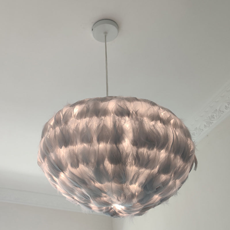 Feathered Globe Dining Room Pendant Lamp With 1 Bulb In Grey/White/Pink Grey