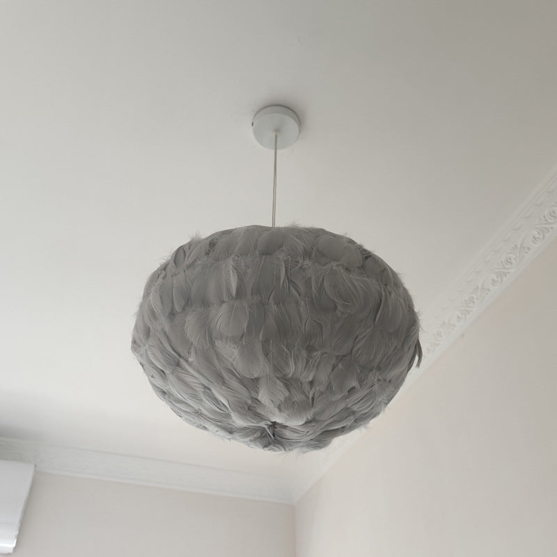 Feathered Globe Dining Room Pendant Lamp With 1 Bulb In Grey/White/Pink