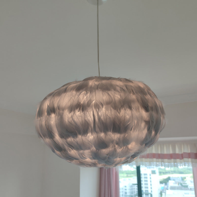Feathered Globe Dining Room Pendant Lamp With 1 Bulb In Grey/White/Pink
