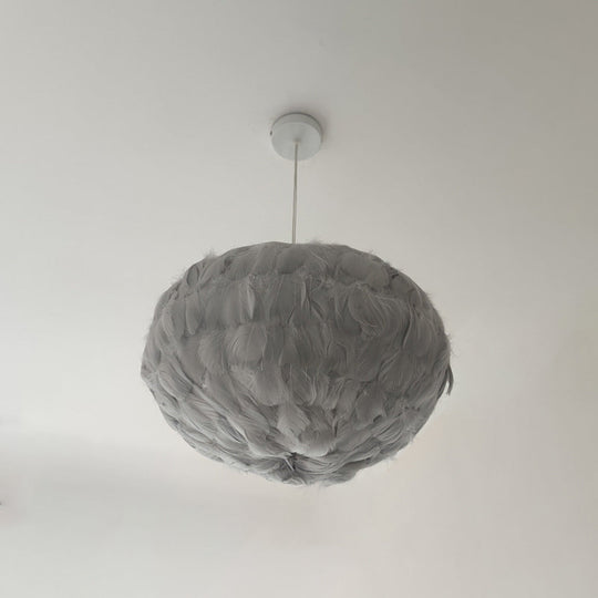 Feathered Globe Dining Room Pendant Lamp With 1 Bulb In Grey/White/Pink