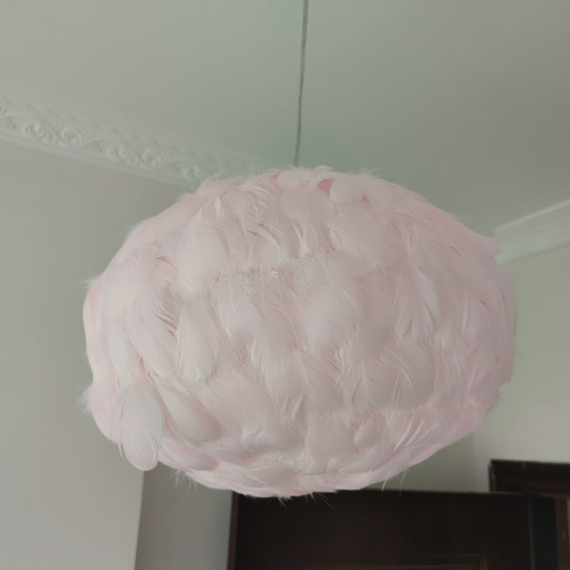 Feathered Globe Dining Room Pendant Lamp With 1 Bulb In Grey/White/Pink