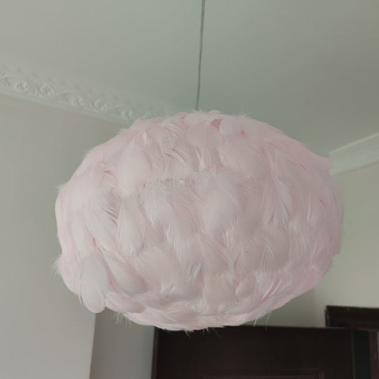 Feathered Globe Dining Room Pendant Lamp With 1 Bulb In Grey/White/Pink