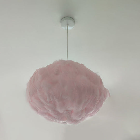Feathered Globe Dining Room Pendant Lamp With 1 Bulb In Grey/White/Pink