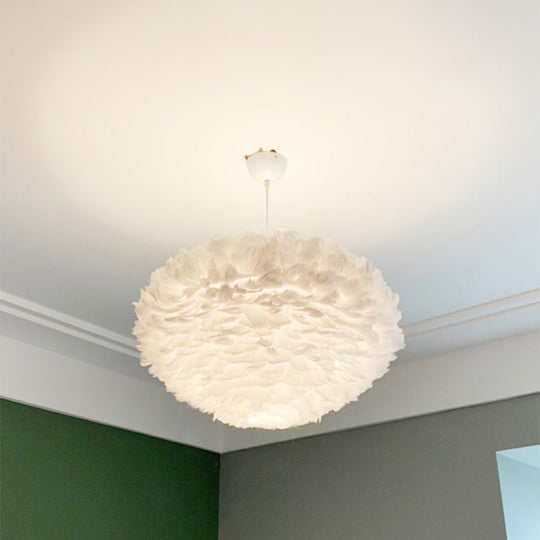 Minimalist White Dome Pendant Ceiling Light with Feather Accent for Girls Bedroom