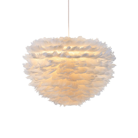 Minimalist White Dome Pendant Ceiling Light with Feather Accent for Girls Bedroom