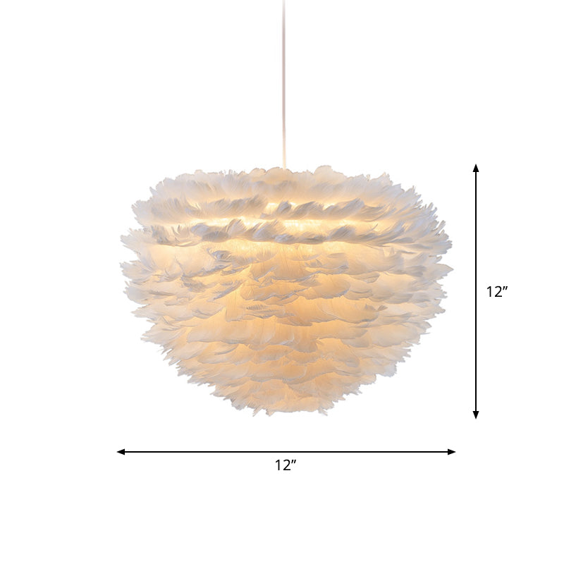 Minimalist White Dome Pendant Ceiling Light with Feather Accent for Girls Bedroom