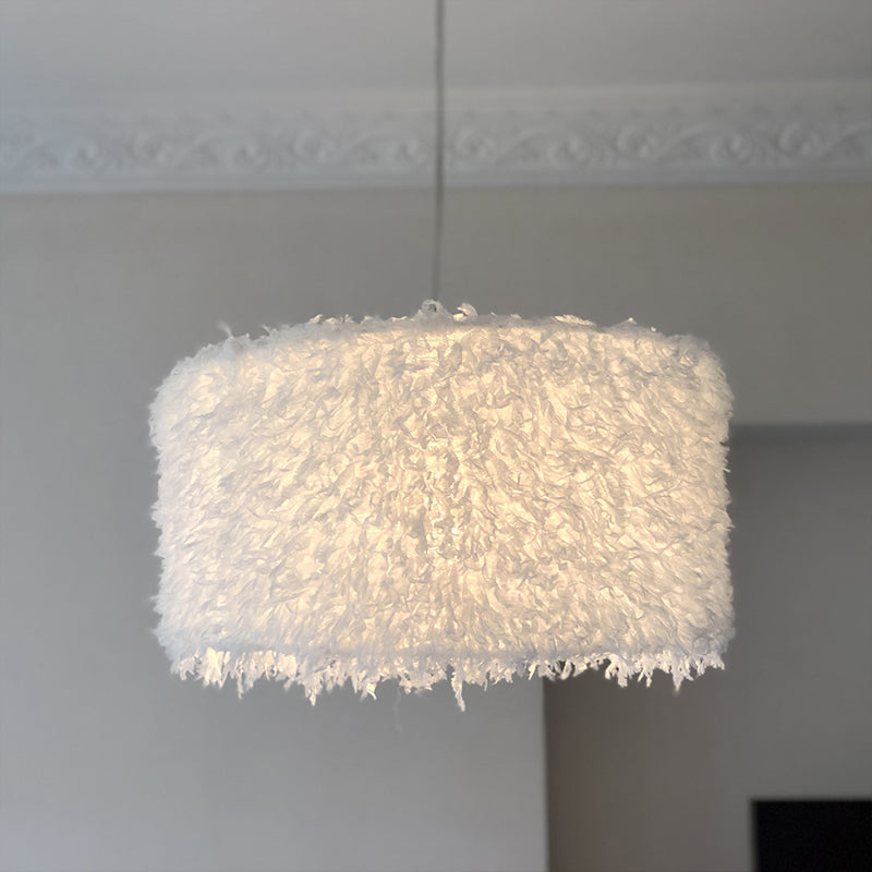 Lampe à suspension à plumes rose/blanc nordique - 1 ampoule, design cylindrique/tambour - largeur 5,5"/8"/14"