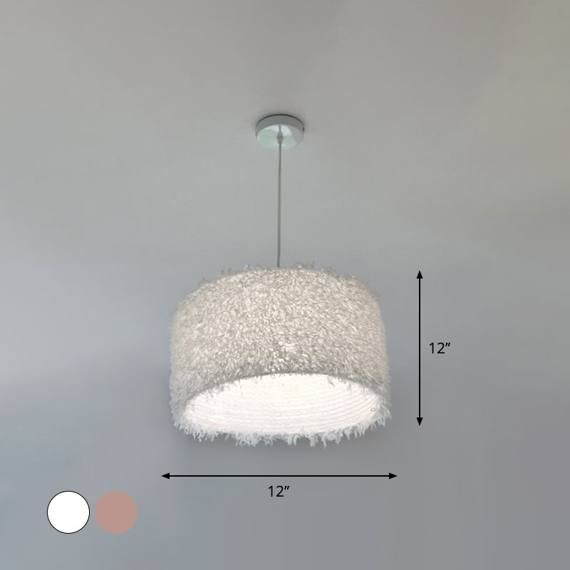 Lampe à suspension à plumes rose/blanc nordique - 1 ampoule, design cylindrique/tambour - largeur 5,5"/8"/14"