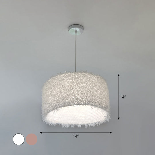 Lampe à suspension à plumes rose/blanc nordique - 1 ampoule, design cylindrique/tambour - largeur 5,5"/8"/14"