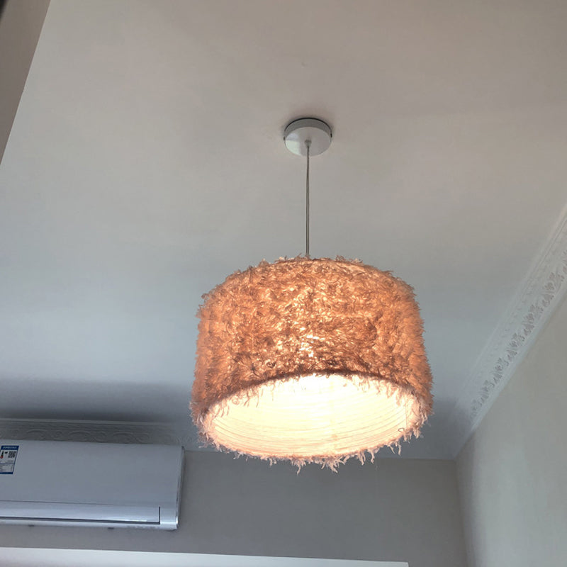 Lampe à suspension à plumes rose/blanc nordique - 1 ampoule, design cylindrique/tambour - largeur 5,5"/8"/14"