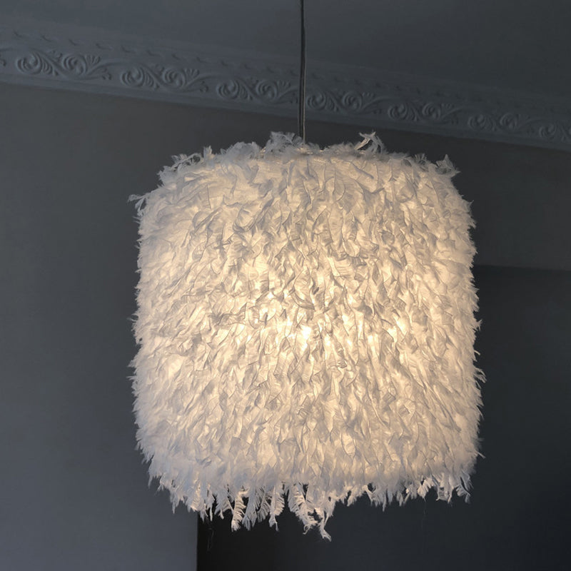 Lampe à suspension à plumes rose/blanc nordique - 1 ampoule, design cylindrique/tambour - largeur 5,5"/8"/14"