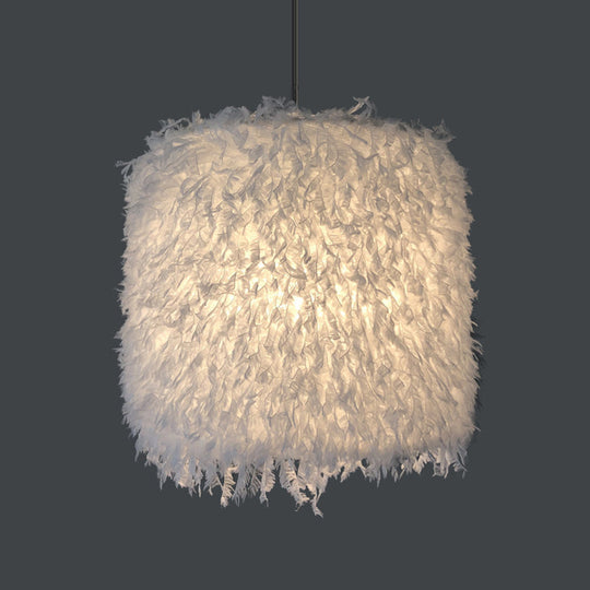 Lampe à suspension à plumes rose/blanc nordique - 1 ampoule, design cylindrique/tambour - largeur 5,5"/8"/14"