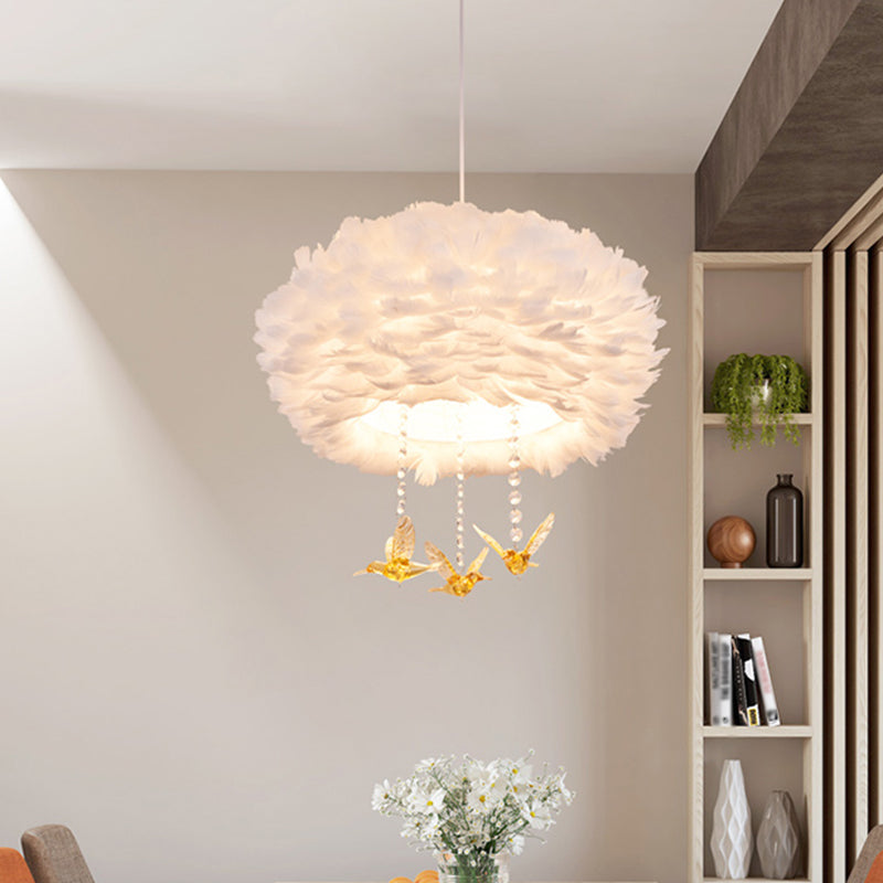 Nordic 5-Light Feather Drum Pendant Chandelier with Bird Deco - White, 16"/23.5"/31.5" Width