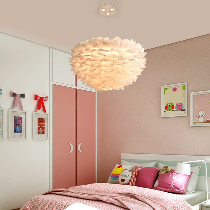 Nordic 5-Light Feather Drum Pendant Chandelier with Bird Deco - White, 16"/23.5"/31.5" Width