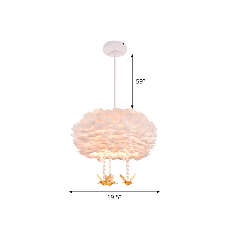 Nordic 5-Light Feather Drum Pendant Chandelier with Bird Deco - White, 16"/23.5"/31.5" Width