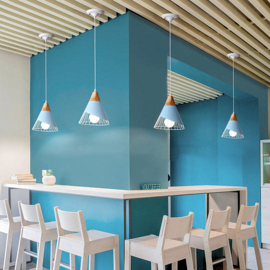 Modern Cone Pendant Light - Aluminum & Wood - Black/Blue - Ideal for Dining Table