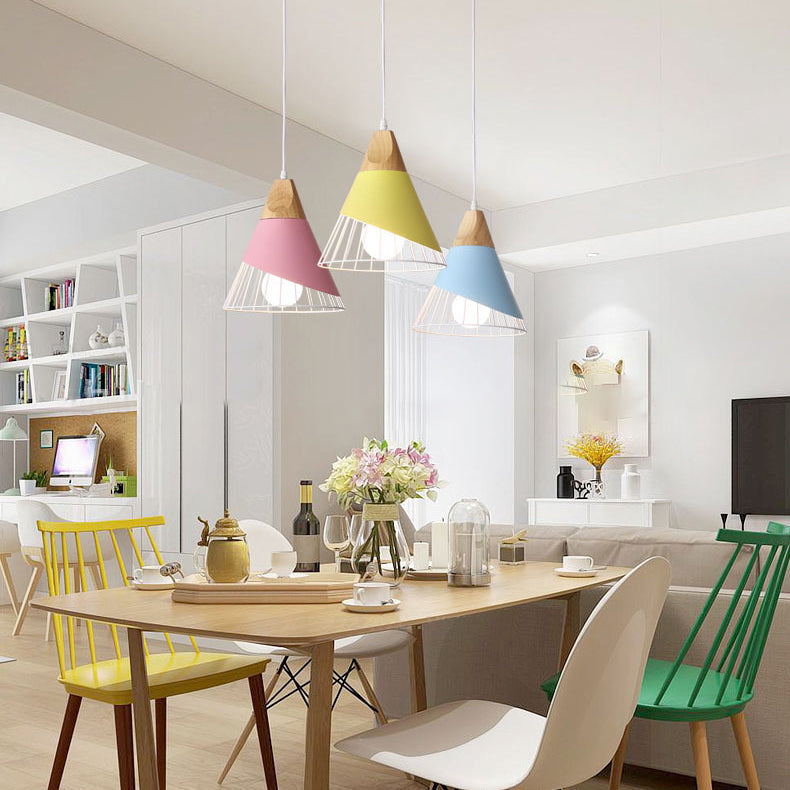 Modern Cone Pendant Light - Aluminum & Wood - Black/Blue - Ideal for Dining Table