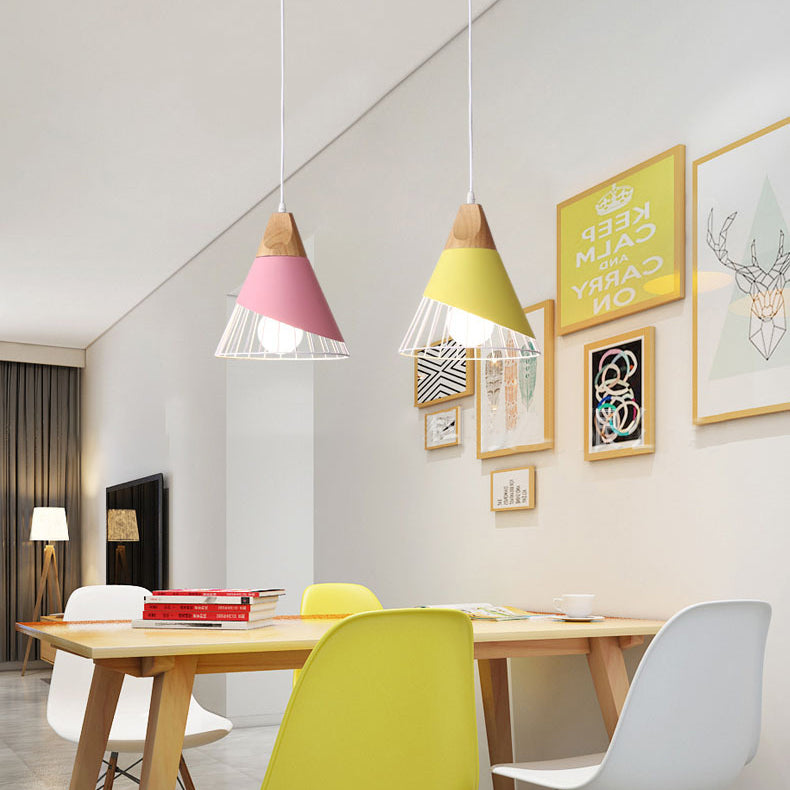 Modern Cone Pendant Light - Aluminum & Wood - Black/Blue - Ideal for Dining Table