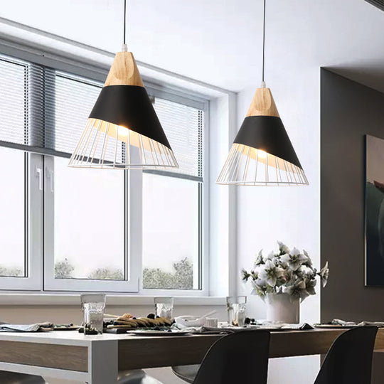 Modern Cone Pendant Light With Aluminum And Wood Design - Black/Blue Ideal For Dining Table