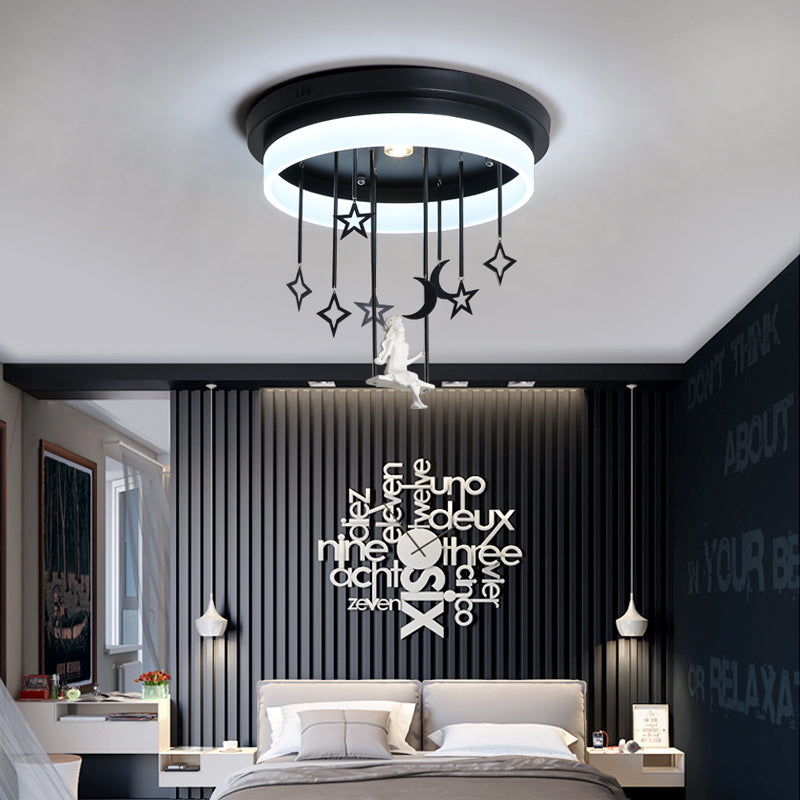 Romantic Black Circle Flush Ceiling Light with Star and Fairy Acrylic LED Lamp - Ideal for Boutiques
