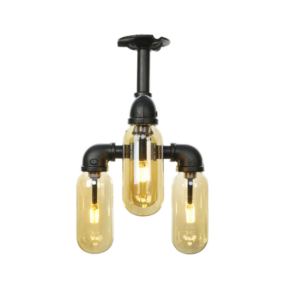 Vintage Amber Glass Ceiling Light with Matte Black Semi Flush Design - 3/4 Light Oval Shade
