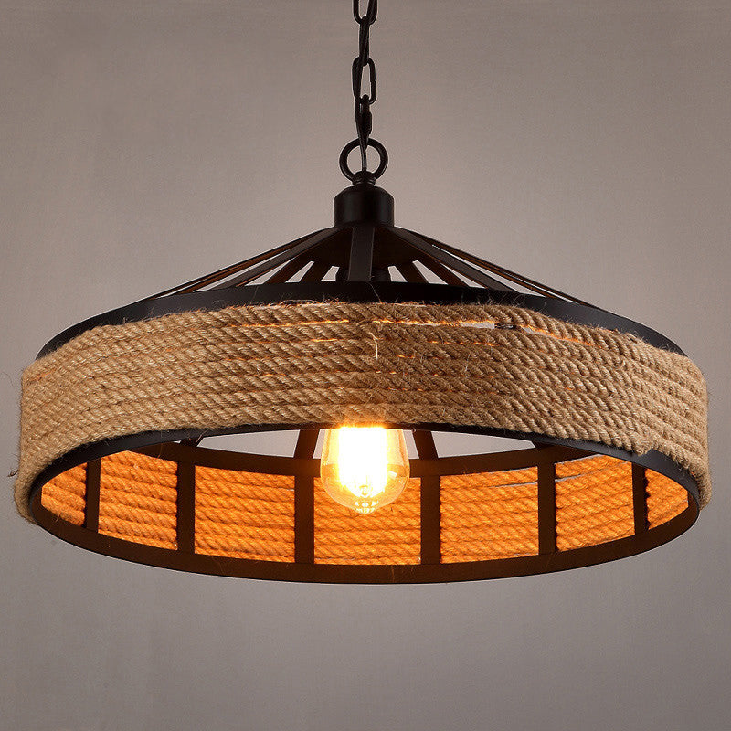 Antiqued Metal Pendant Light With Jute Rope Drop For Restaurants - Single Bulb Black Finish