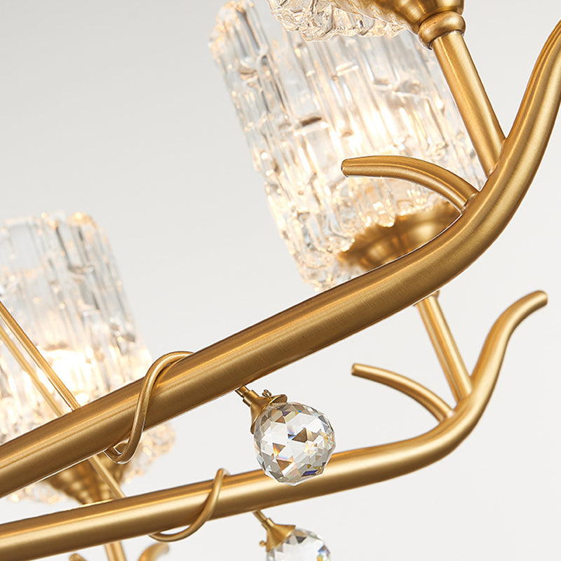 Lustre en verre texturé soufflé à la main - Plafonnier cylindrique en laiton postmoderne à 3/6/8 lumières pour salle à manger