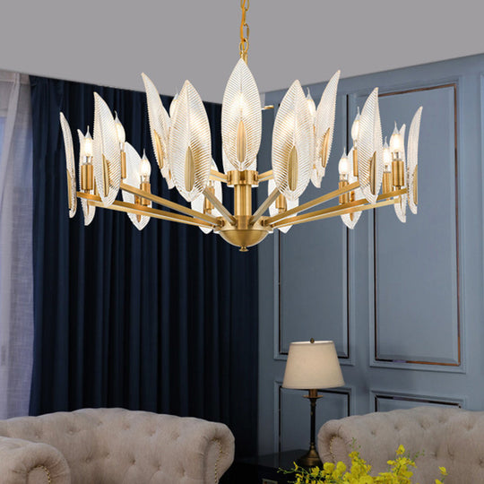 Postmodern Crystal Living Room Chandelier: Leaf-Shaped, Brass Finish, 6/8/18 Lights