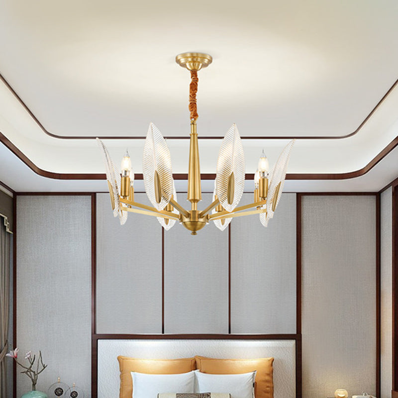 Postmodern Crystal Living Room Chandelier: Leaf-Shaped, Brass Finish, 6/8/18 Lights