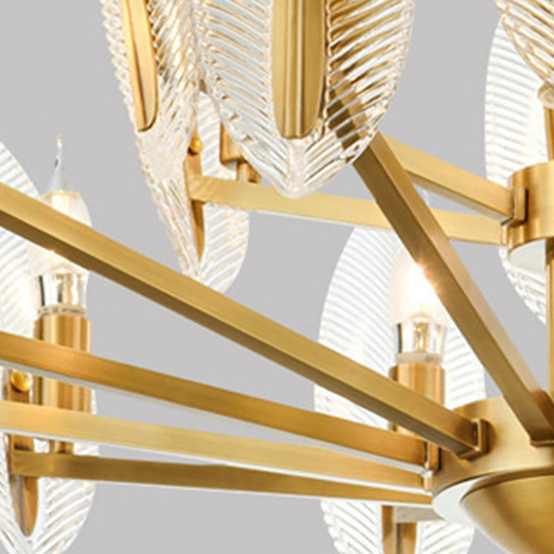 Postmodern Crystal Living Room Chandelier: Leaf-Shaped, Brass Finish, 6/8/18 Lights