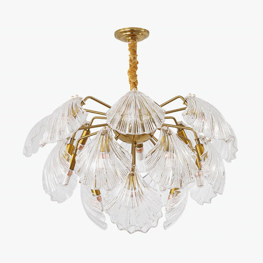 Layered Scallop Hanging Light - Nautical Gold Glass Pendant Chandelier (15/20 Bulbs)