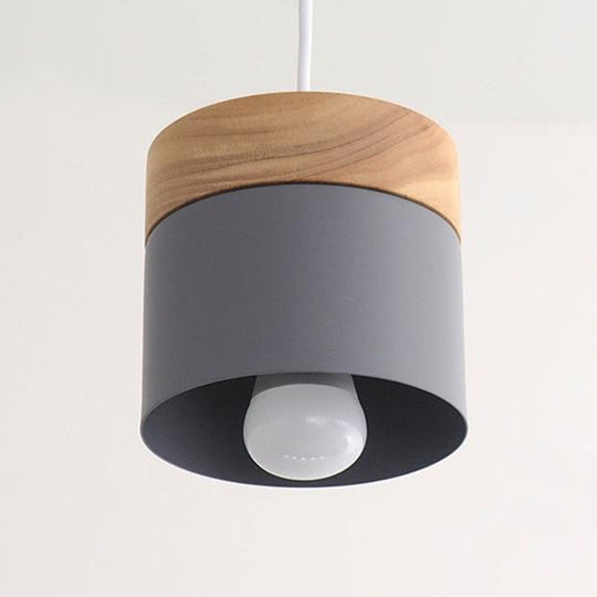 Sleek Metal Cylinder Pendant Light With Wood Top - Ideal For Dining Room Décor Grey