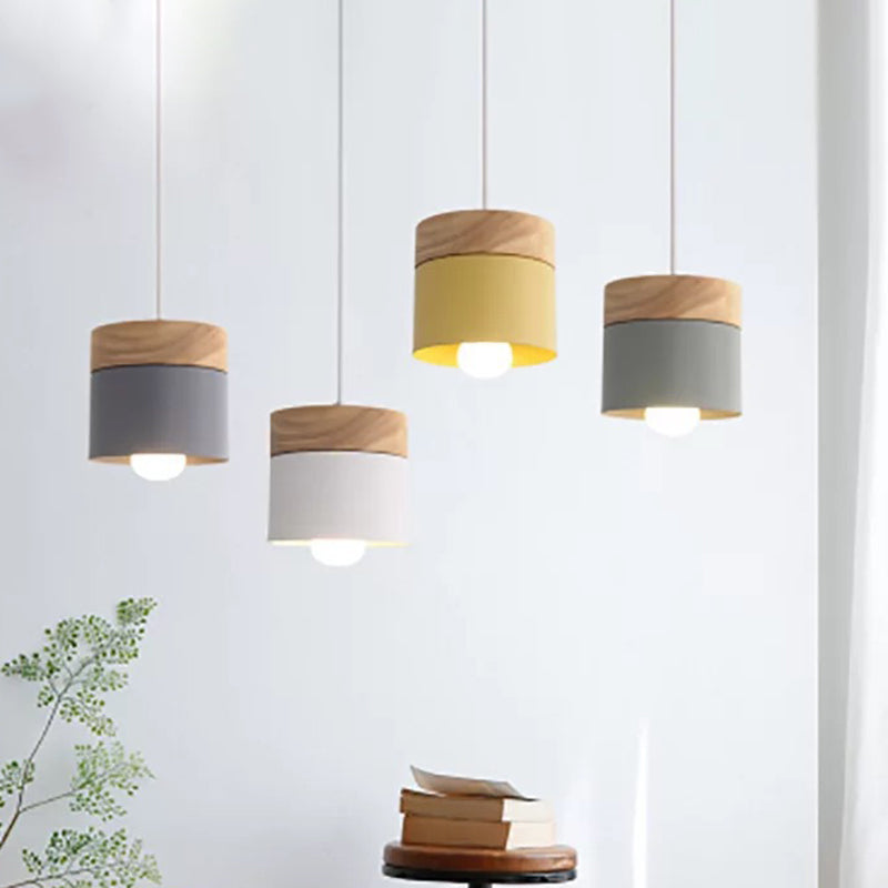 Sleek Metal Cylinder Pendant Light With Wood Top - Ideal For Dining Room Décor