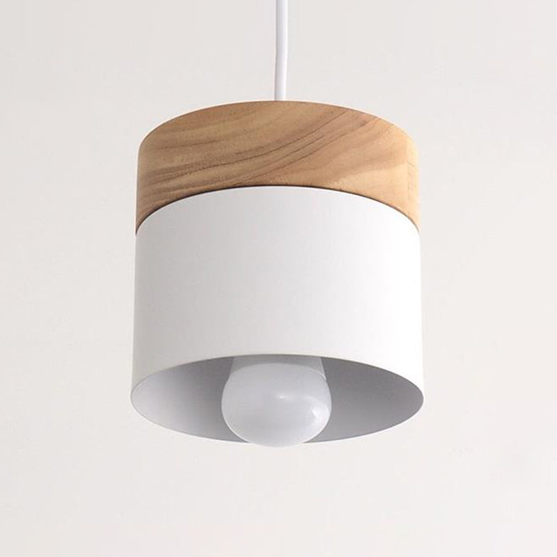 Sleek Metal Cylinder Pendant Light With Wood Top - Ideal For Dining Room Décor White