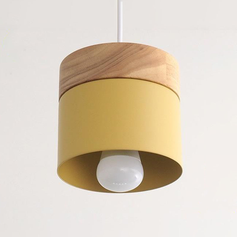 Sleek Metal Cylinder Pendant Light With Wood Top - Ideal For Dining Room Décor Yellow