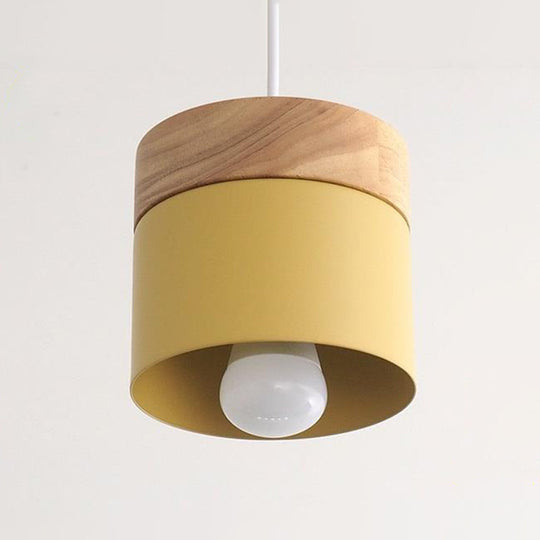 Sleek Metal Cylinder Pendant Light With Wood Top - Ideal For Dining Room Décor Yellow