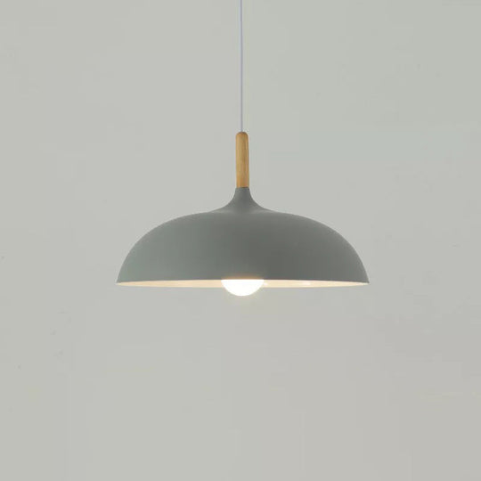 Modern Metal Macaron Dome Hanging Lamp - Dining Room Pendant Light With Wood Accent Grey / Small