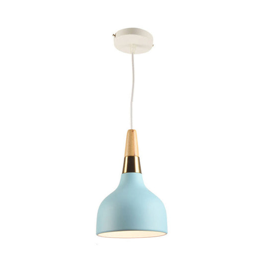 Blue Metal Bowl Pendant Lamp Modernist 1 Head Suspension Light With Wood Top