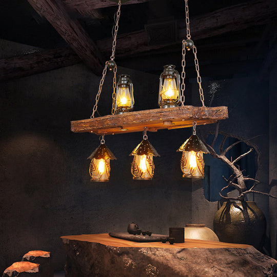 Leaf Pattern Wood Lantern Chandelier - Stylish Metallic Lighting For Restaurants / E