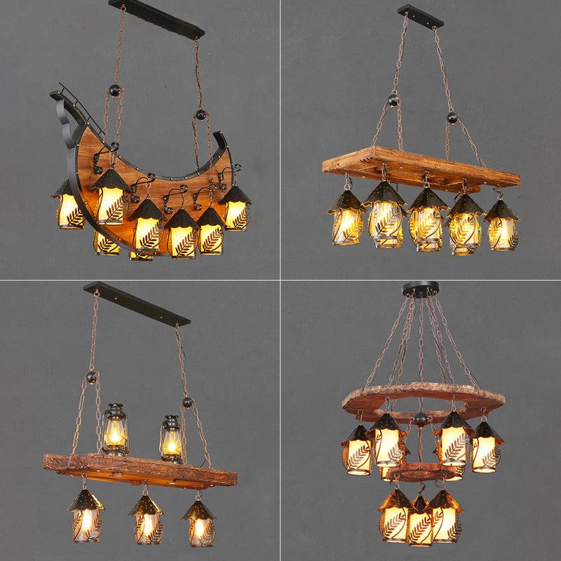 Leaf Pattern Wood Lantern Chandelier - Stylish Metallic Lighting For Restaurants