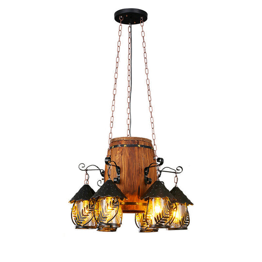Leaf Pattern Wood Lantern Chandelier - Stylish Metallic Lighting For Restaurants / C