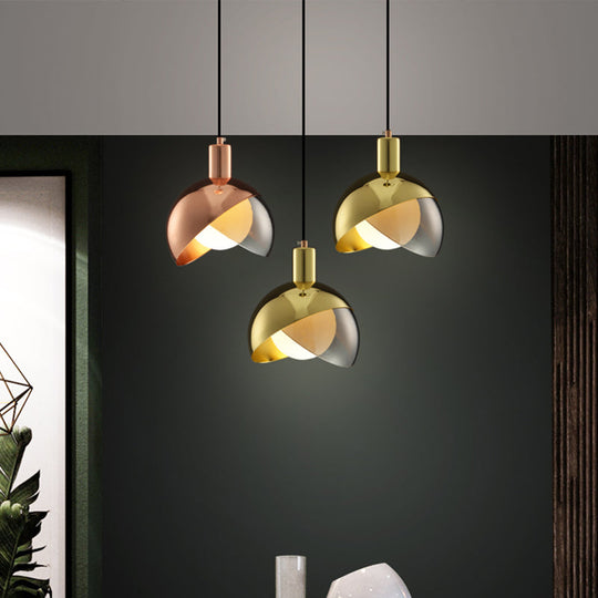 Modernist Metal Pendant Lamp With Inner Opal Glass Shade - Split Dome Design 1-Light Fixture Brass /