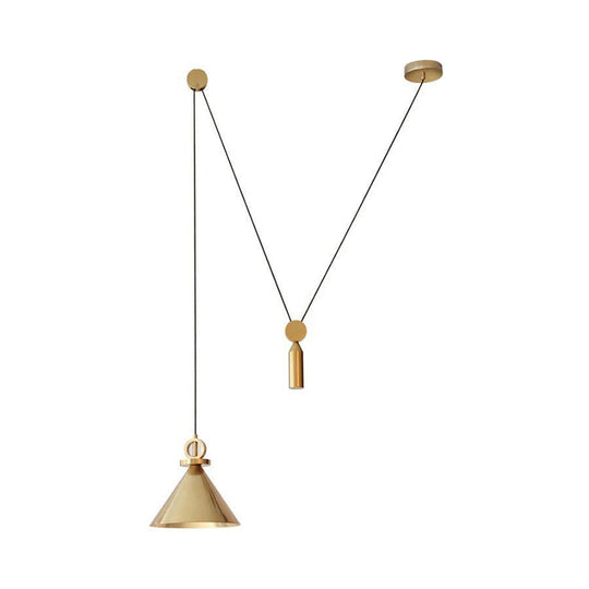 Modern Brass Metal Kitchen Pendant Lamp With Pulley Suspension - Conic Drop Design
