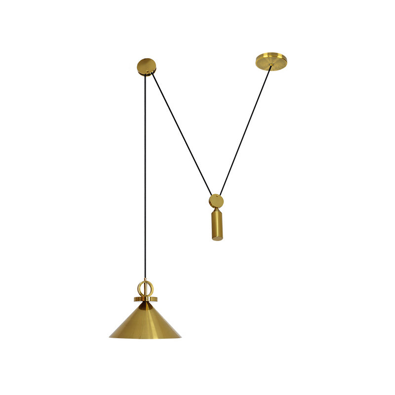 Modern Brass Conic Drop Pendant Kitchen Lamp with 1-Light and Pulley Suspension