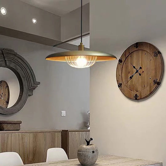 Nordic Saucer Pendant Light With Wire Cage - Metal 1-Head Ceiling Lamp For Dining Room