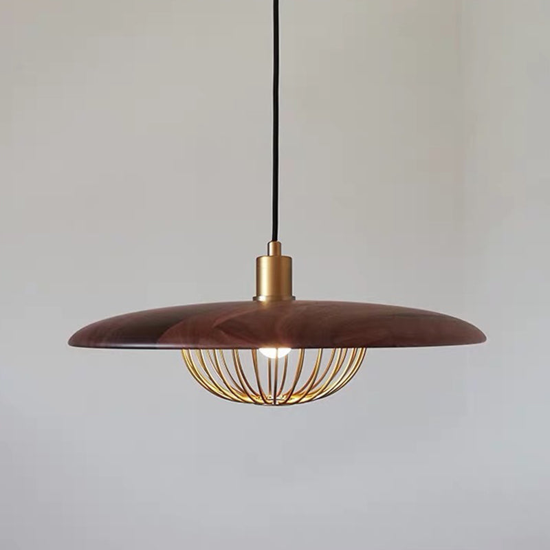 Nordic Saucer Pendant Light With Wire Cage - Metal 1-Head Ceiling Lamp For Dining Room Dark Wood /